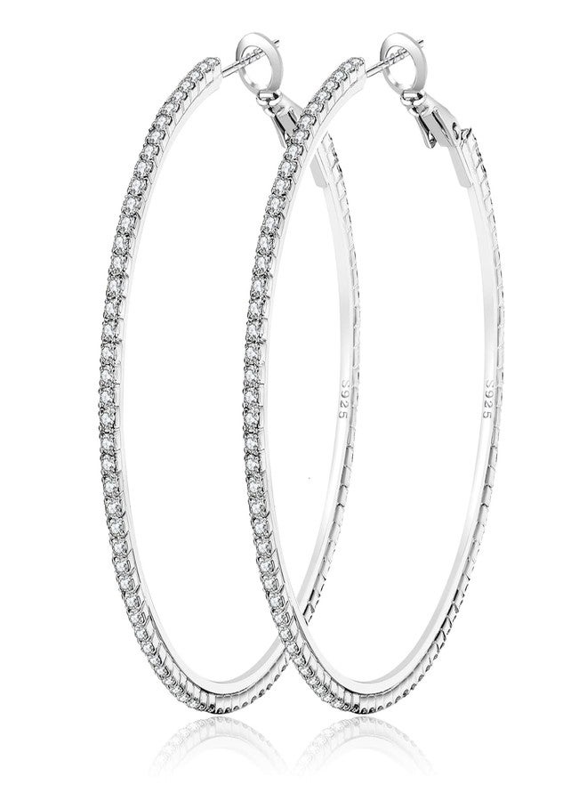 OOOPEL Large Rhinestone Hoop Earrings 925 Sterling Silver Post Cubic Zirconia Hoop Earrings Thin Rhinestones Round Hoop Earrings for Women Silver Hoop Earrings Sparkly Hoop Earrings with Crystals for Womens - Image 1